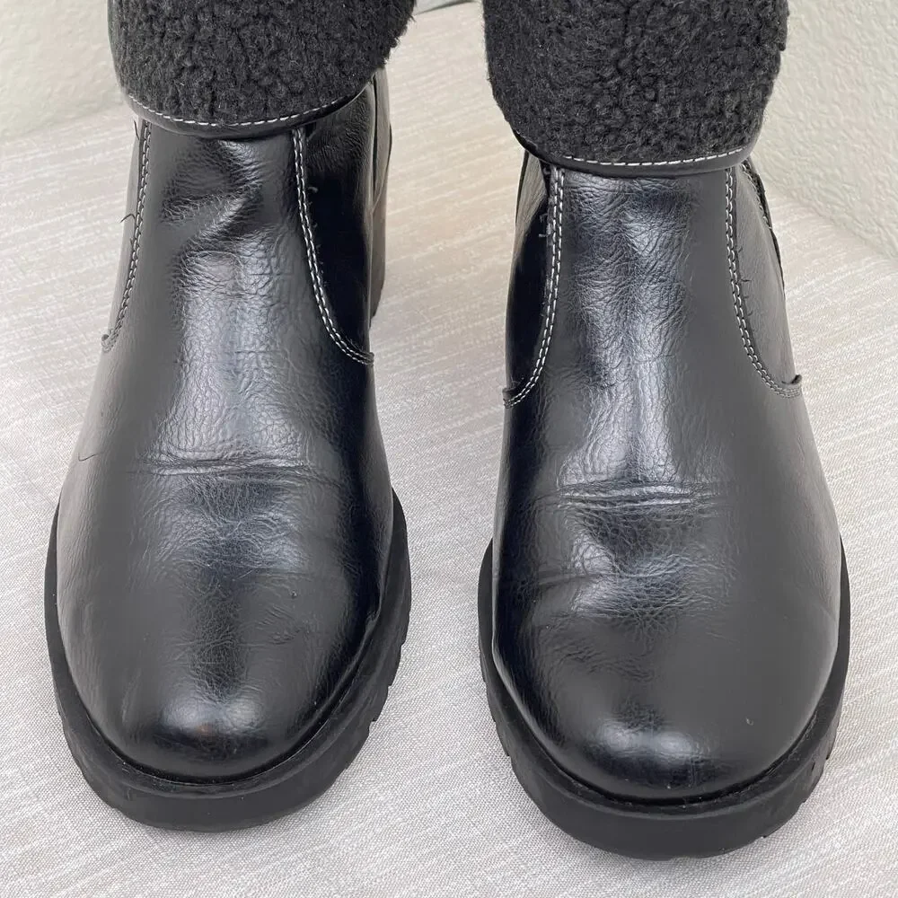 Aerosoles Faux Fur Cuff Black Chunky Ankle Boots Womens 9.5M Winter Warm Comfort